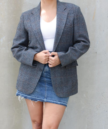 Gray Herringbone Plaid Blazer