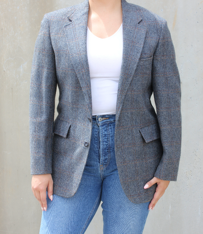 Gray Herringbone Plaid Blazer